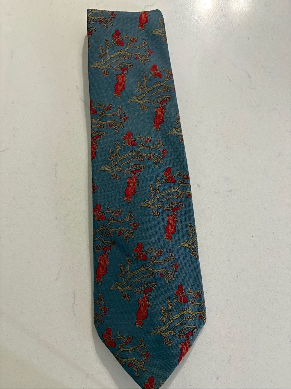 Teal Floral Branch Pattern Tie. Golden Clasp